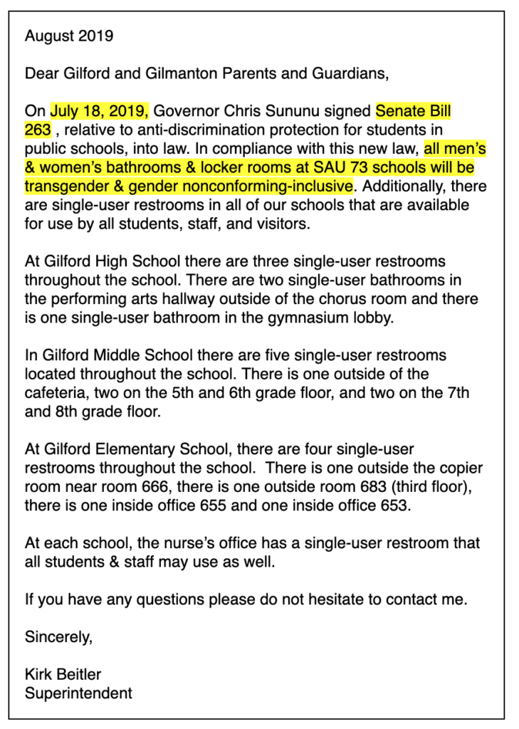 Screenshot of email from Gilford School to Parents